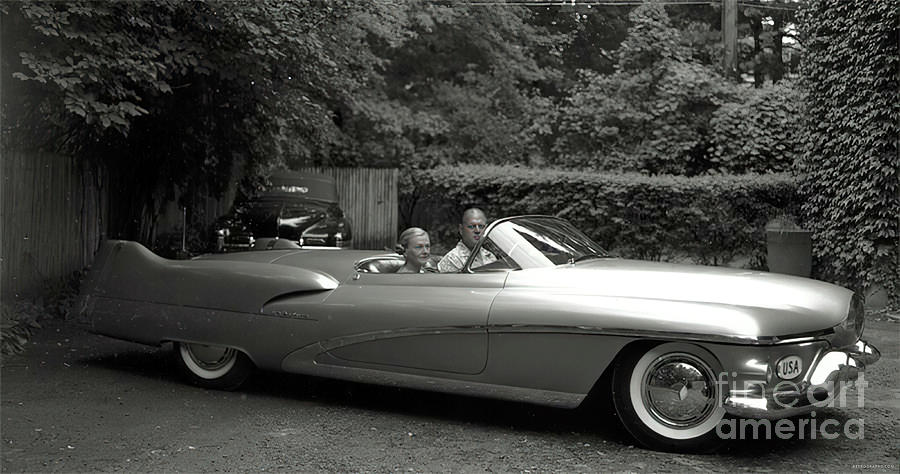 Gm Futuristic Concept Car With Bill Mitchell And Wife Photograph by Retrographs