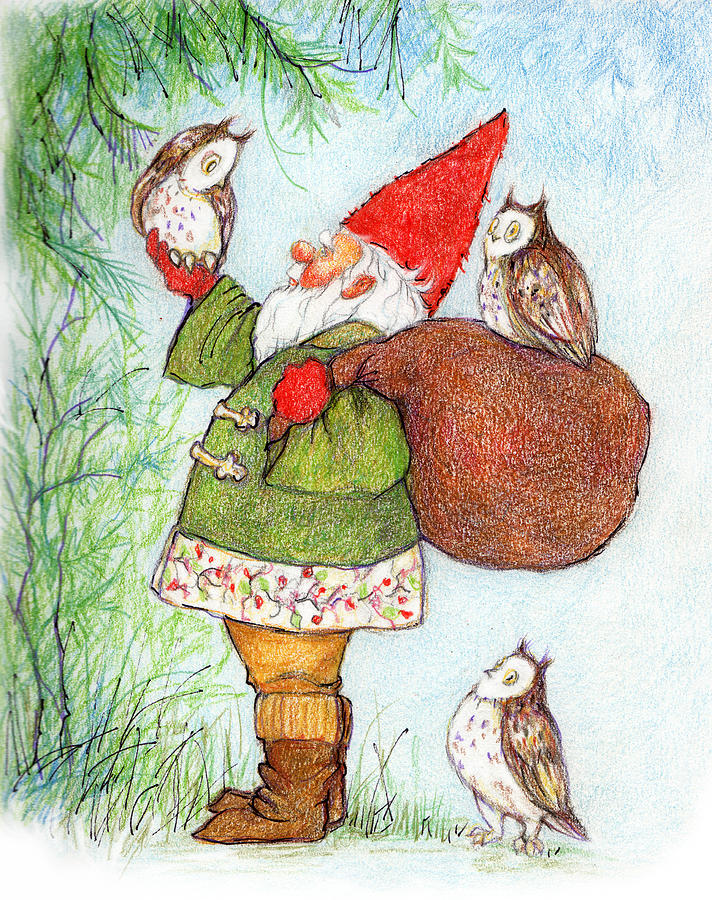 Gnome with Owls Drawing by Peggy Wilson