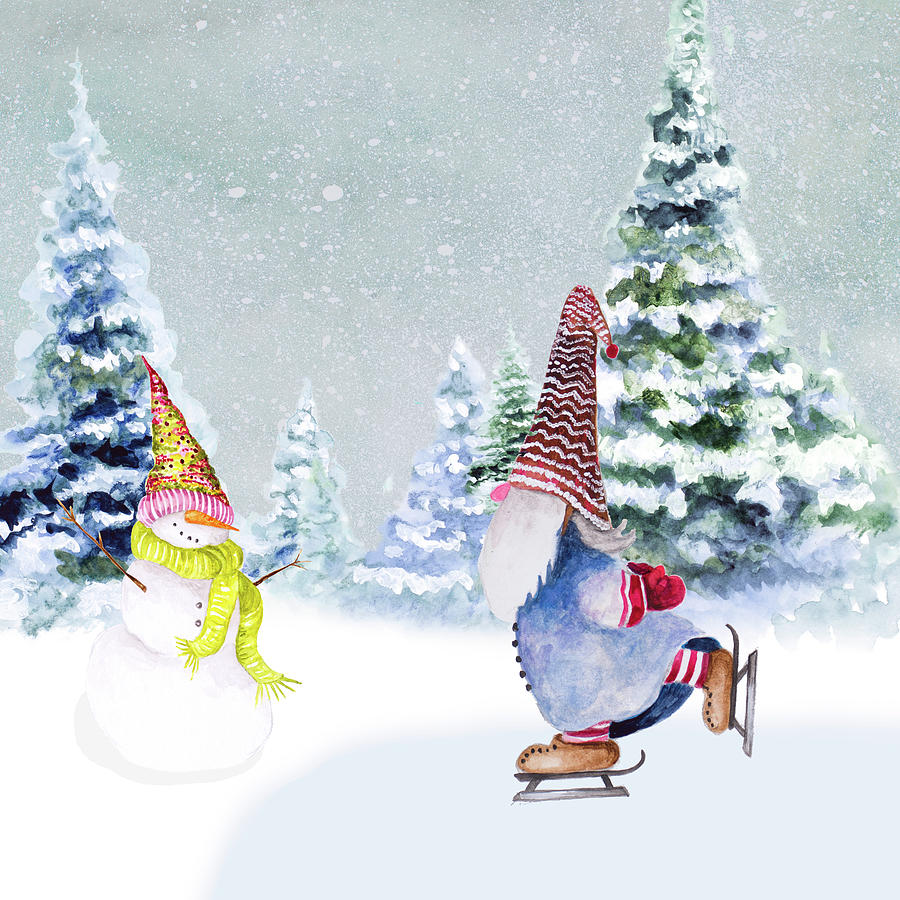 Tree Mixed Media - Gnomes Ice Skating I by Janice Gaynor