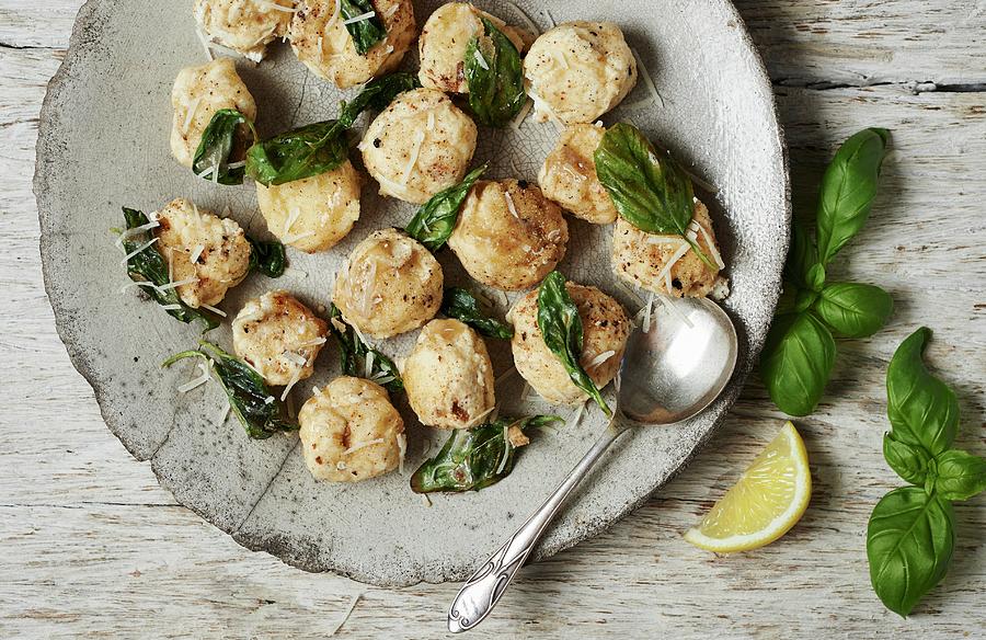 Gnudi With Sage Butter, Basil And Grated Cheese Photograph by Charlotte Kibbles