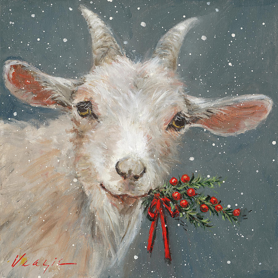 Holiday Painting - Goat With Holly by Mary Miller Veazie