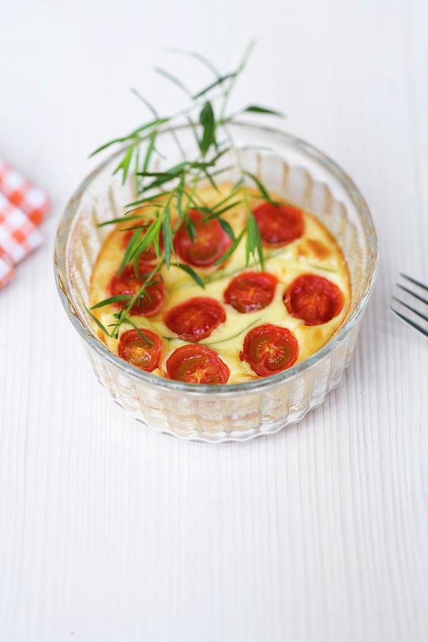 Goats Cheese Cake With Paragon And Dates Tomatoes In A Glass Photograph by Michael Wissing