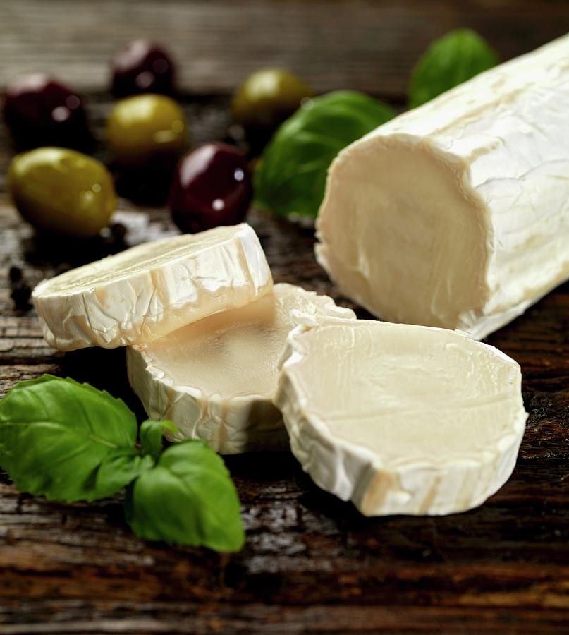 Cheese Photograph - Goats Cheese, Olives And Basil by Robert Morris
