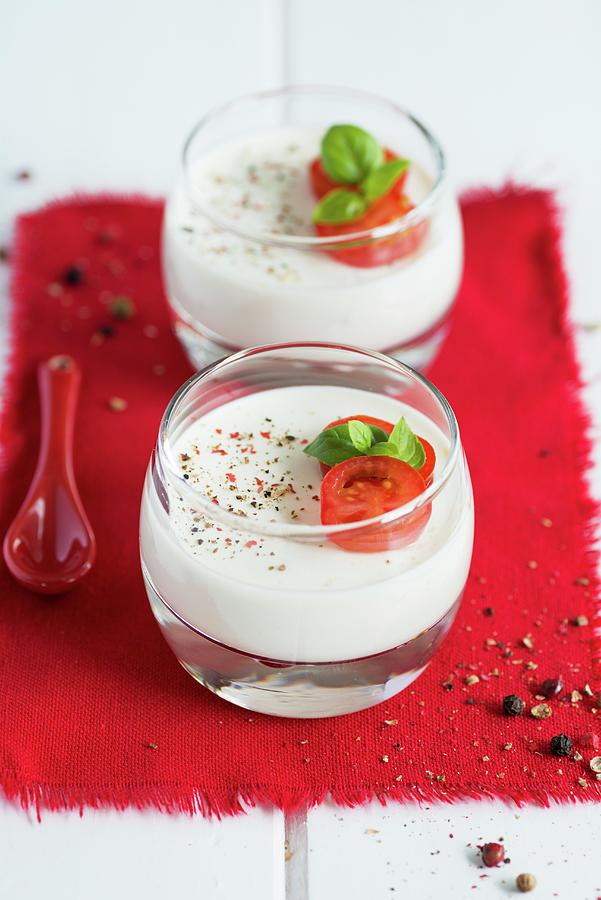 Cheese Photograph - Goats Cheese Panna Cotta With Tomato And Basil by Sonia Chatelain