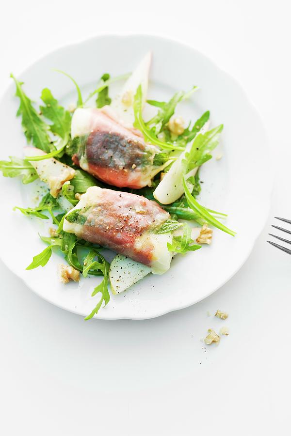 Fruit Photograph - Goats Cheese Saltimbocca On Rocket Salad With Pear And Walnuts by Michael Wissing