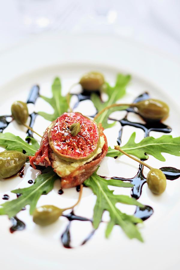 Goats Cheese With Figs, Dried Tomatoes, Capers, Rocket And Balsamic Dressing Photograph by Lukasz Zandecki