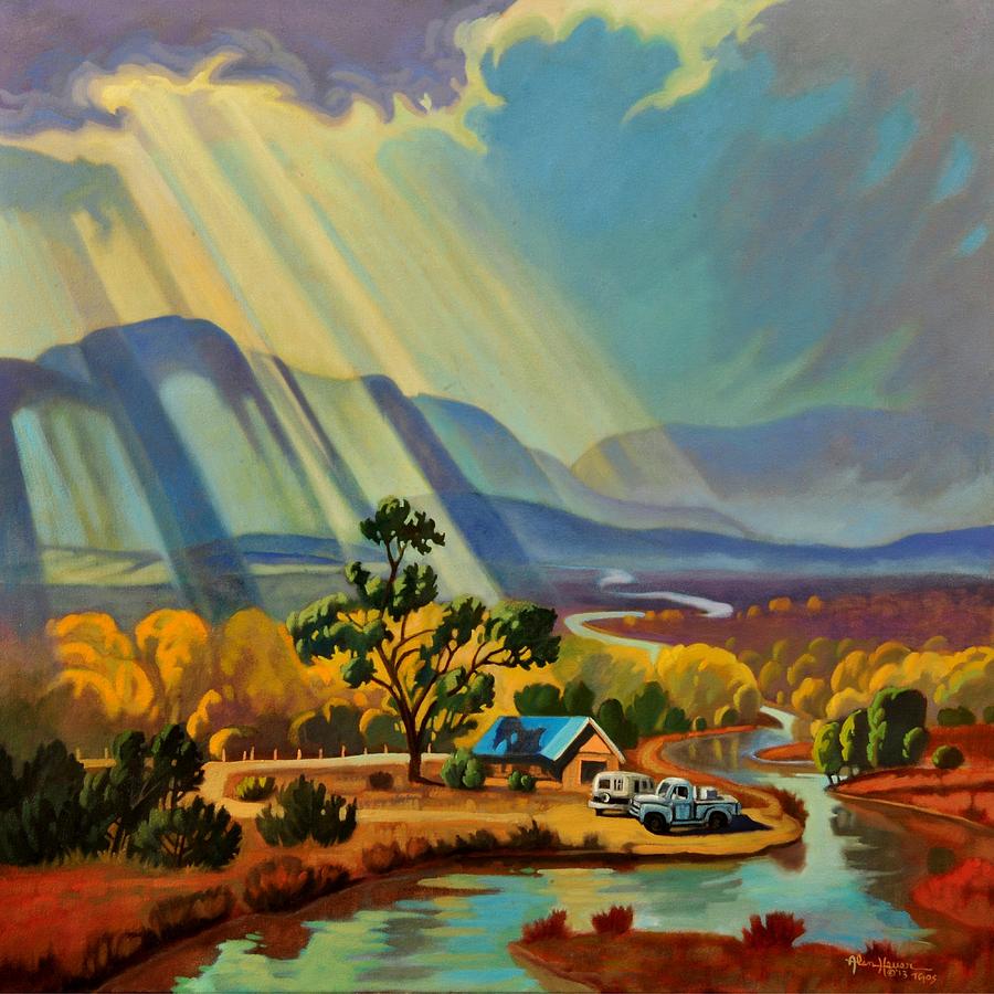 Sunset Painting - God Rays on a Blue Roof by Art West