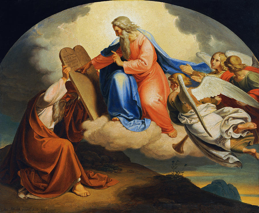 God writes for Moses on Mount Sinai the Ten Commandments on two stone tablets Painting by Joseph von Fuehrich