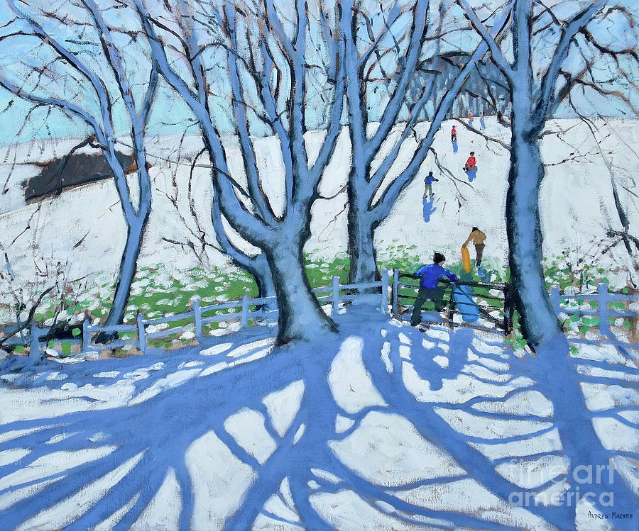 Going sledging, Dam Lane, Ashbourne, Derbyshire, Painting by Andrew Macara