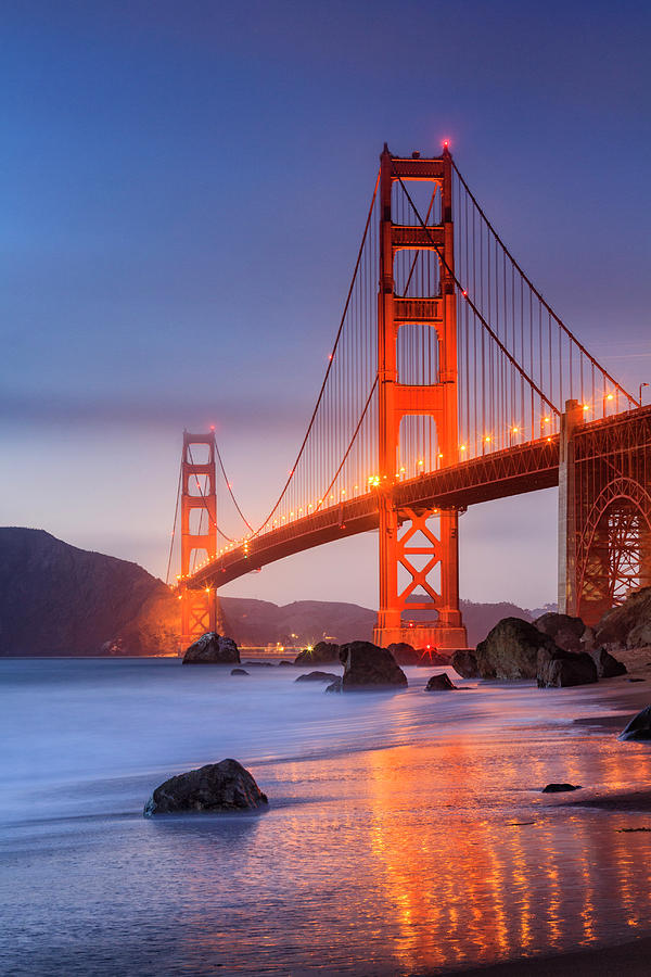 Golden Gate Bridge Photograph - Gold and Blue  by Erick Castellon