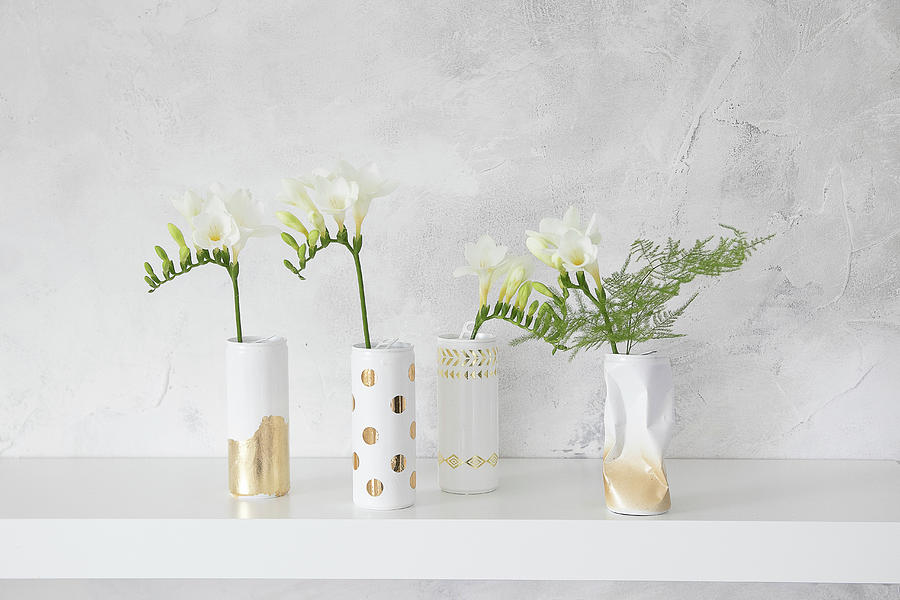 Gold And White Vases Hand-made From Cans Photograph by Astrid Algermissen