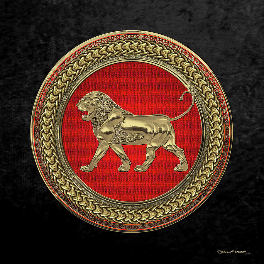 Gold Assyrian Lion on Red and Gold Medallion over Black Velvet Digital Art by Serge Averbukh