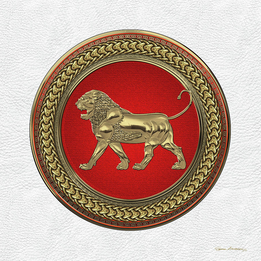 Gold Assyrian Lion on Red and Gold Medallion over White Leather Digital Art by Serge Averbukh