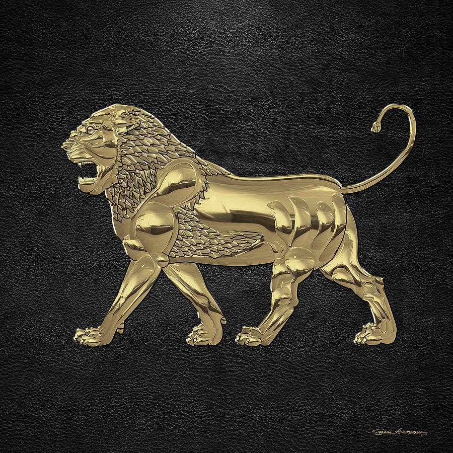 Gold Assyrian Lion over Black Leather Digital Art by Serge Averbukh