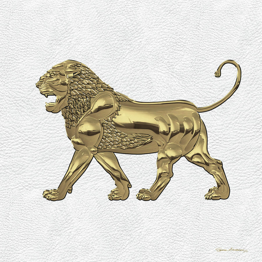 Gold Assyrian Lion over White Leather Digital Art by Serge Averbukh