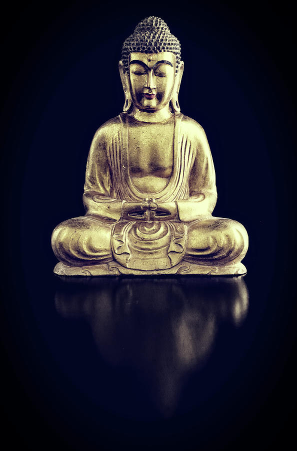 Still Life Photograph - Gold Buddha On Black With Reflection by Tom Quartermaine