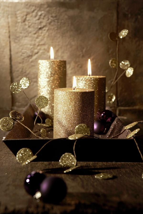 Gold Candles And Purple Christmas Tree Baubles On A Tray Photograph by Heidi Frhlich