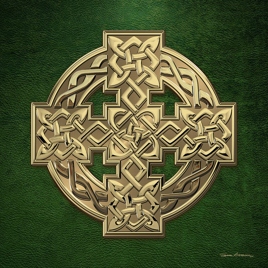 Gold Celtic Knot Cross over Green Leather Digital Art by Serge Averbukh