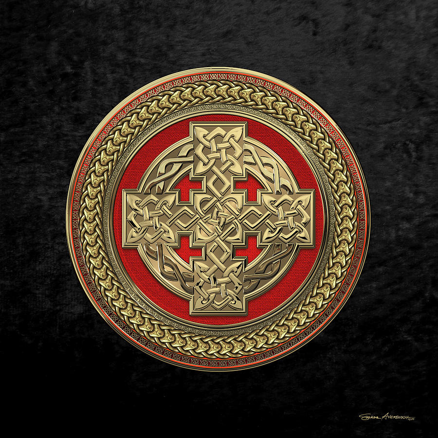 Vintage Digital Art - Gold Celtic Knot Cross over Red with Gold Medallion over Black Velvet by Serge Averbukh