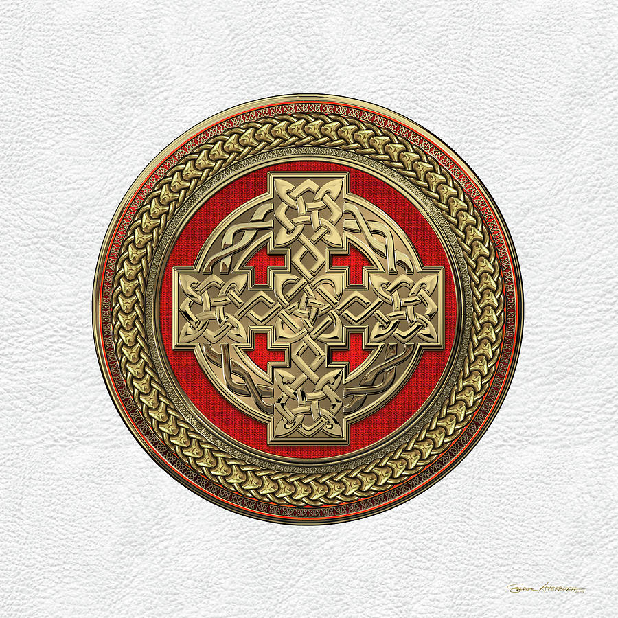 Gold Celtic Knot Cross over Red with Gold Medallion over White Leather Digital Art by Serge Averbukh