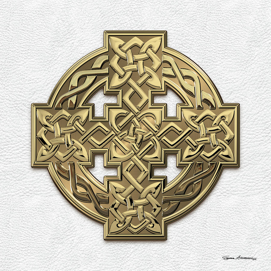 Gold Celtic Knot Cross over White Leather Digital Art by Serge Averbukh