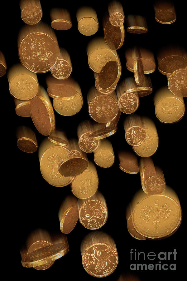 Gold chocolate coins falling Photograph by Simon Bratt