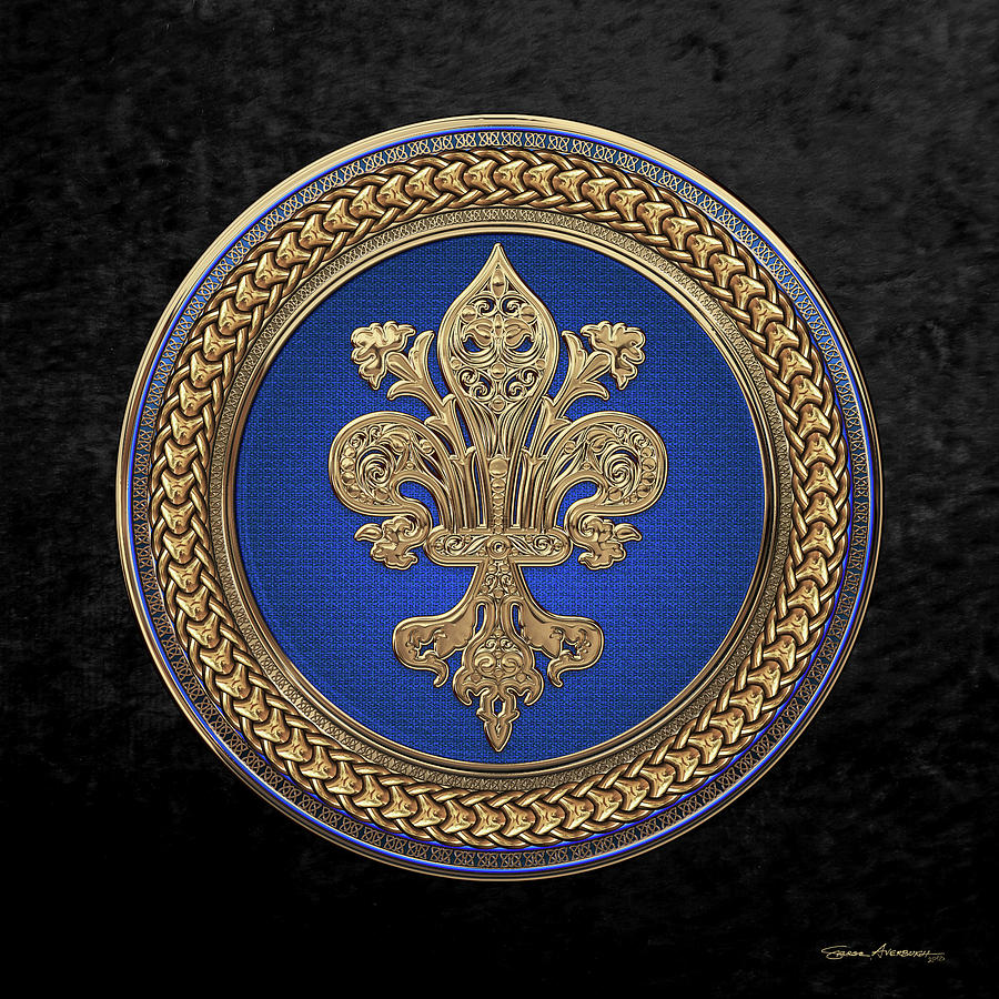 Gold Filigree Fleur-de-Lis on Gold and Blue Medallion over Black Velvet Digital Art by Serge Averbukh