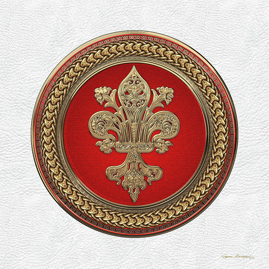 Gold Filigree Fleur-de-Lis on Gold and Red Medallion over White Leather Digital Art by Serge Averbukh