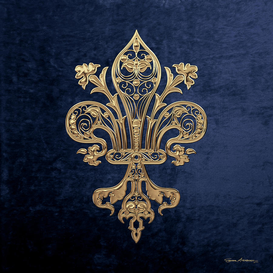 Gold Filigree Fleur-de-Lis over Blue Velvet Digital Art by Serge Averbukh