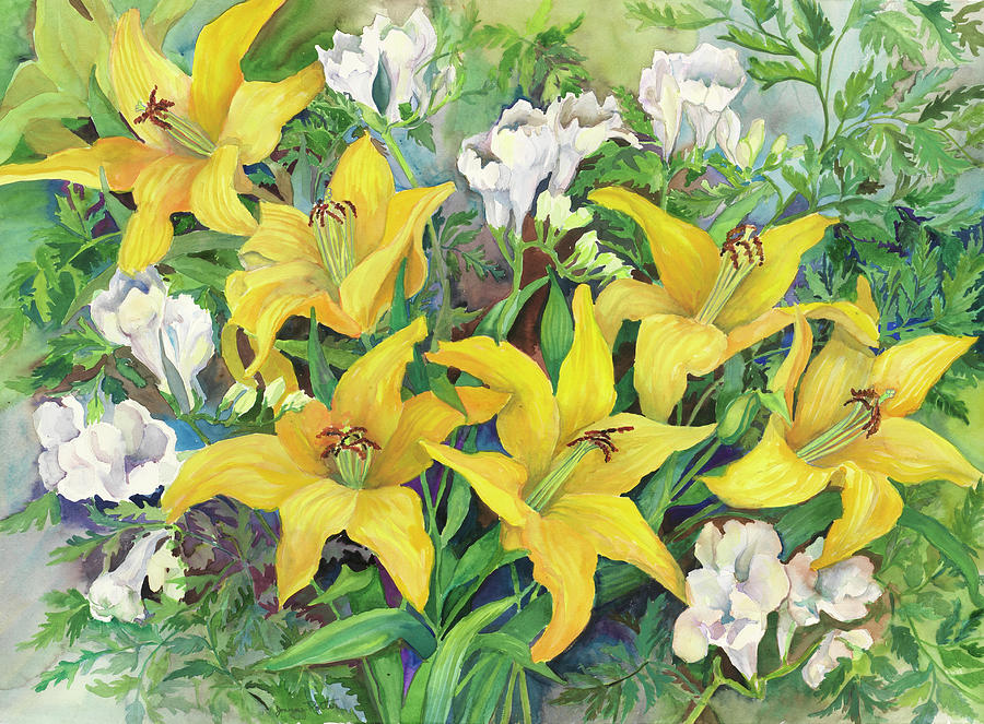 Gold Lilies And Freesia Painting by Joanne Porter