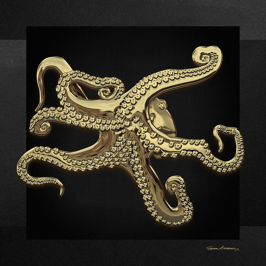 Gold Octopus on Black Canvas Digital Art by Serge Averbukh