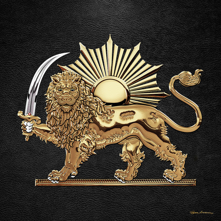 Gold Persian Lion and Sun over Black Leather Digital Art by Serge Averbukh