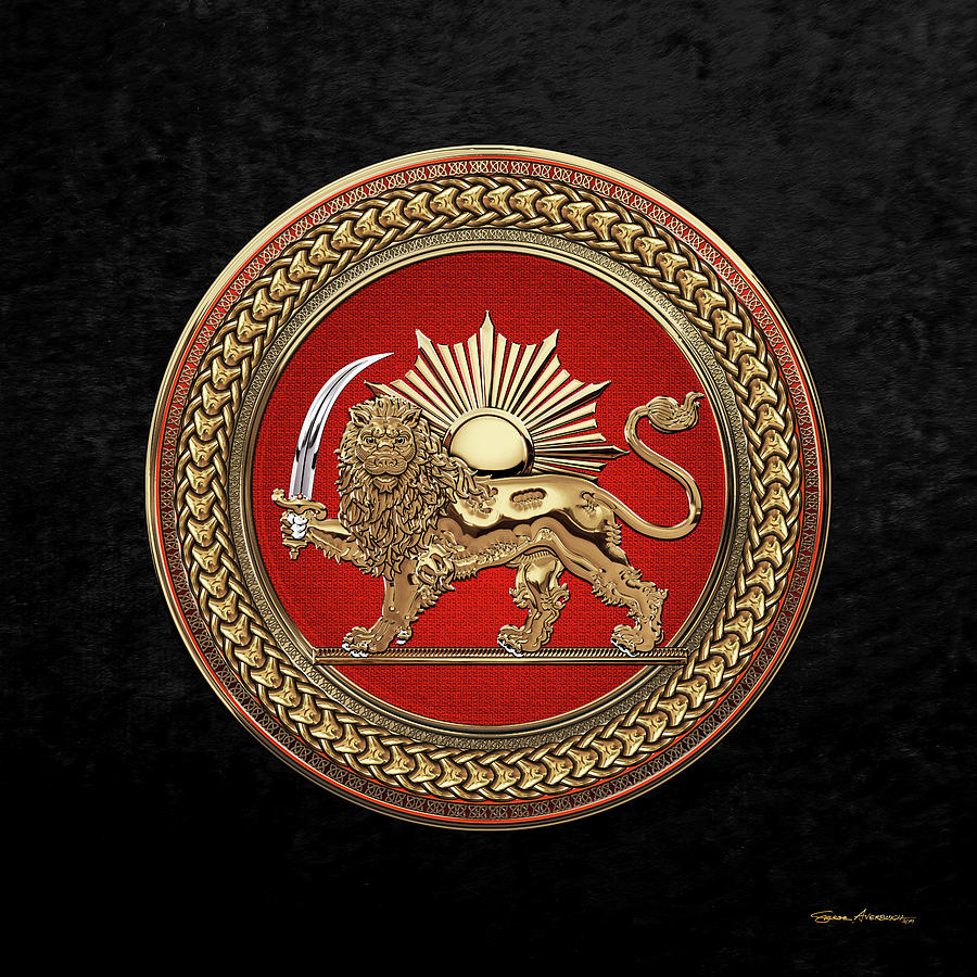 Gold Persian Lion and Sun over Black Velvet Digital Art by Serge Averbukh