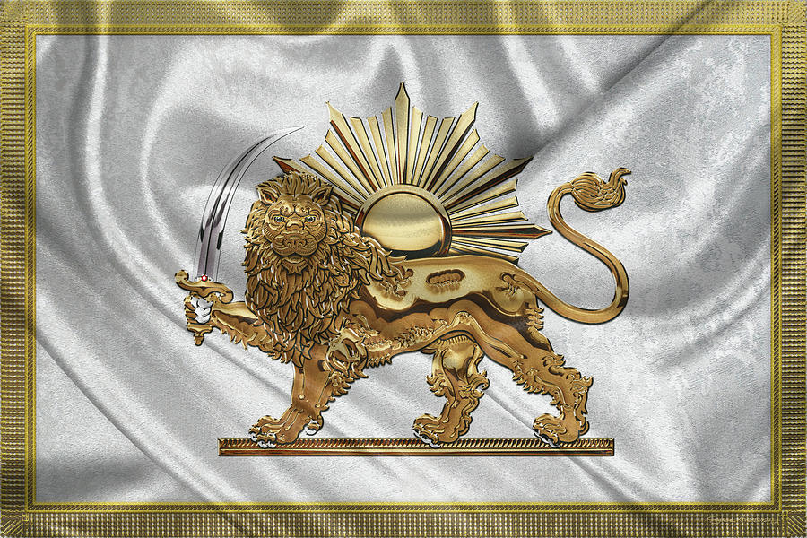 Gold Persian Lion and Sun over Flag Digital Art by Serge Averbukh