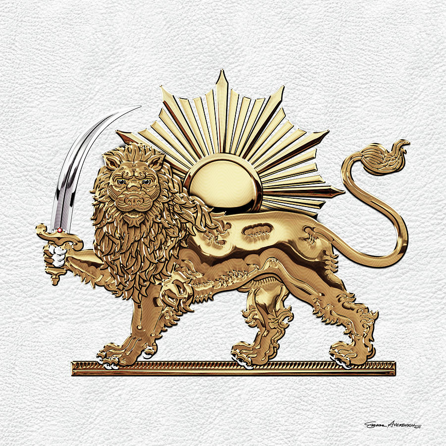 Gold Persian Lion and Sun over White Leather Digital Art by Serge Averbukh