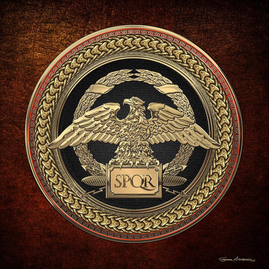 Gold Roman Imperial Eagle over Black and Gold Medallion on Brown Leather Digital Art by Serge Averbukh