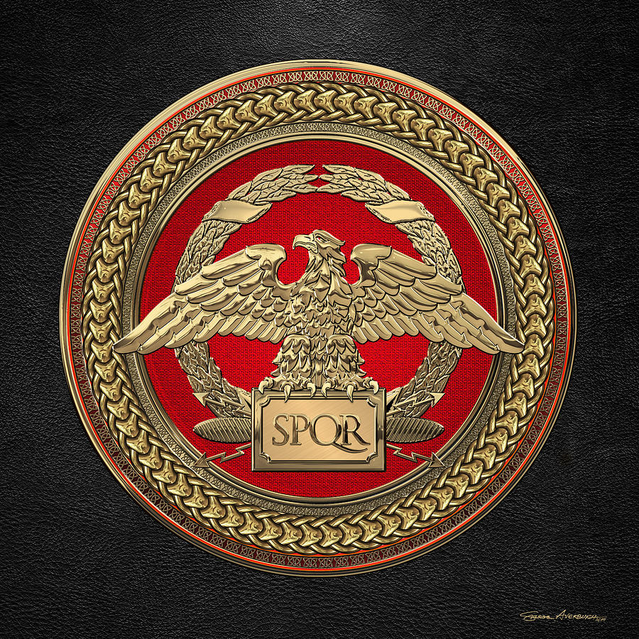 Gold Roman Imperial Eagle over Red and Gold Medallion on Black Leather Digital Art by Serge Averbukh