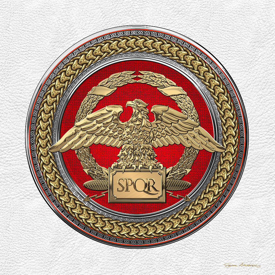 Gold Roman Imperial Eagle over Red Gold and Silver Medallion on White Leather Digital Art by Serge Averbukh