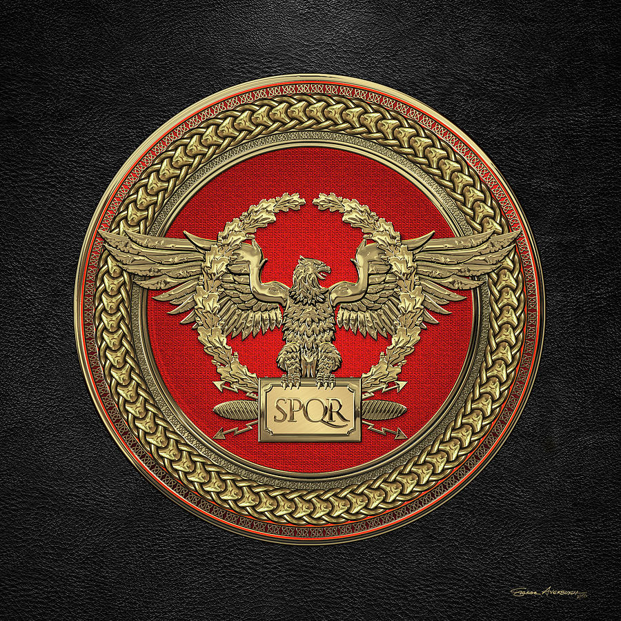 Gold Roman Imperial Eagle -  S P Q R  Medallion Edition over Black Leather Digital Art by Serge Averbukh
