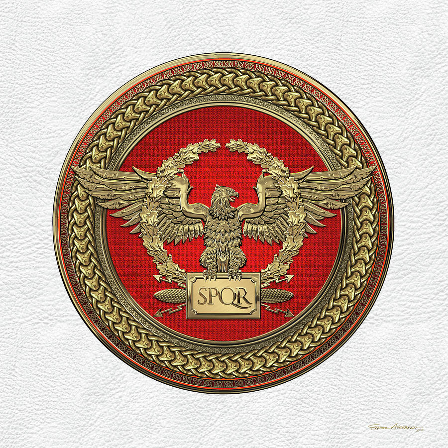 Gold Roman Imperial Eagle -  S P Q R  Medallion Edition over White Leather Digital Art by Serge Averbukh