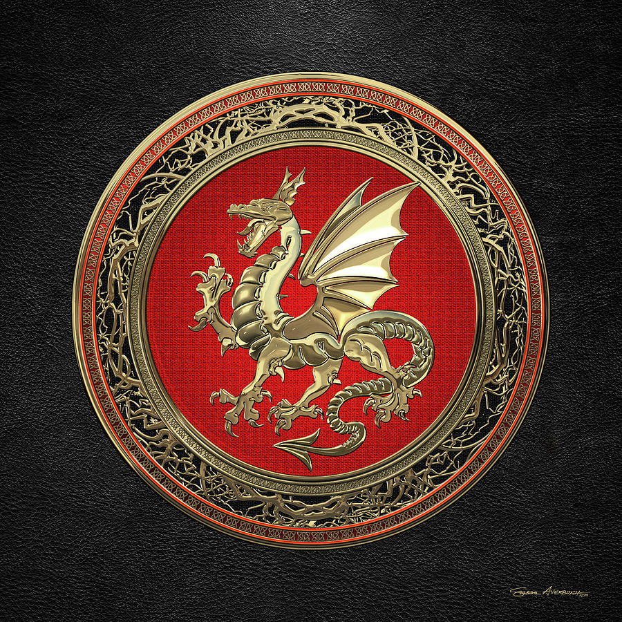 Gold Winged Norse Dragon - Icelandic Viking Landvaettir on Red and Gold Medallion over Black Leather Digital Art by Serge Averbukh