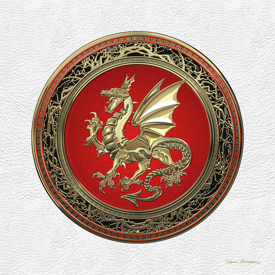 Gold Winged Norse Dragon - Icelandic Viking Landvaettir on Red and Gold Medallion over White Leather Digital Art by Serge Averbukh