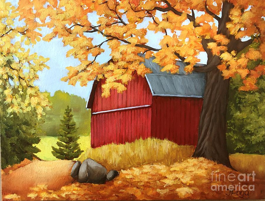 Red barn, autumn landscape Painting by Inese Poga
