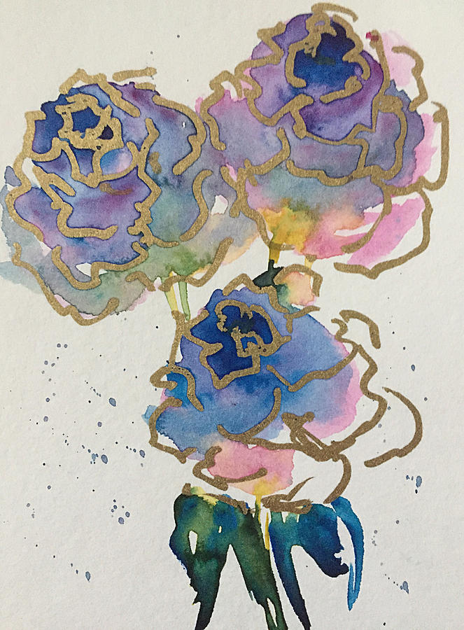 Golden Blue Roses Painting by Britta Zehm