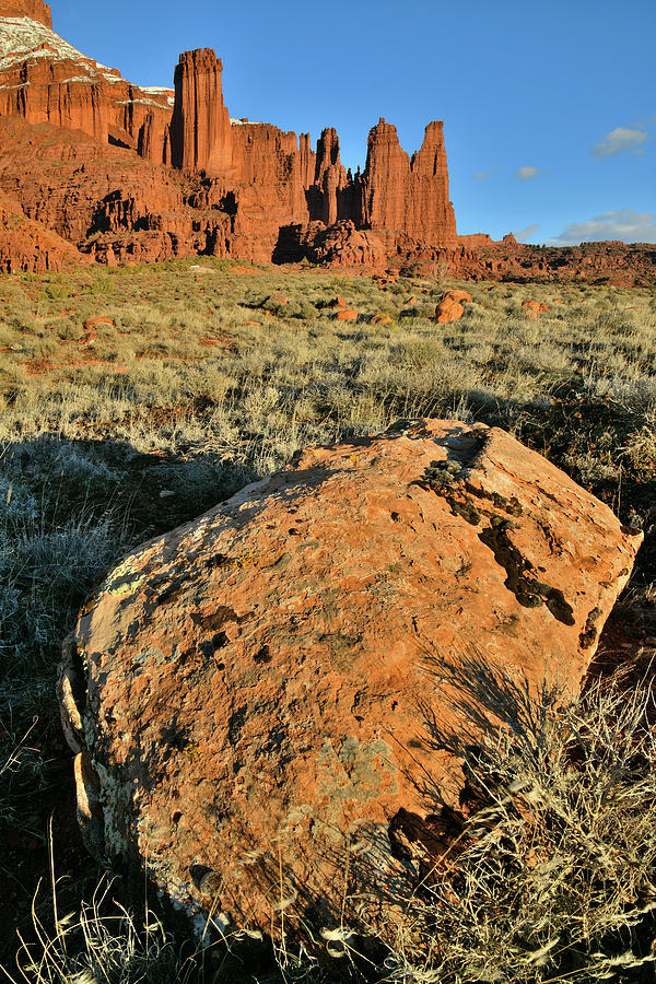 Golden Boulder in Evening Light at Fisher Towers Photograph by Ray Mathis