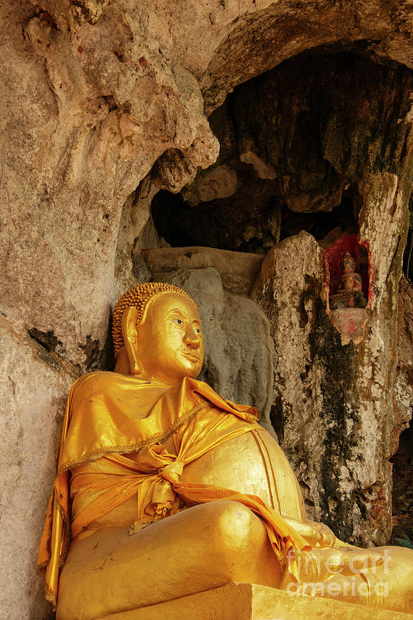 Golden Buddha at Tham Theung Cave Photograph by Bob Phillips