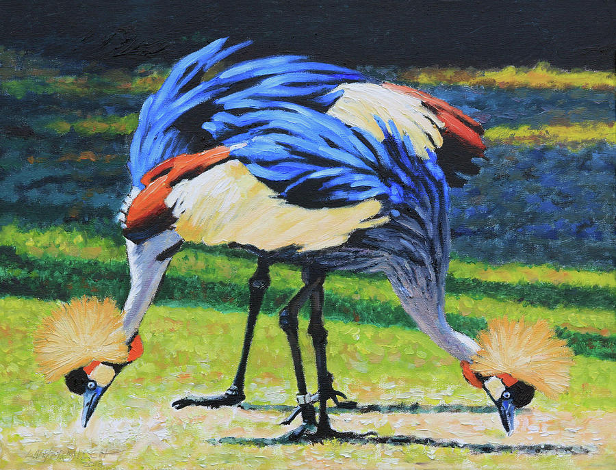 Golden Crown Cranes Painting by John Lautermilch