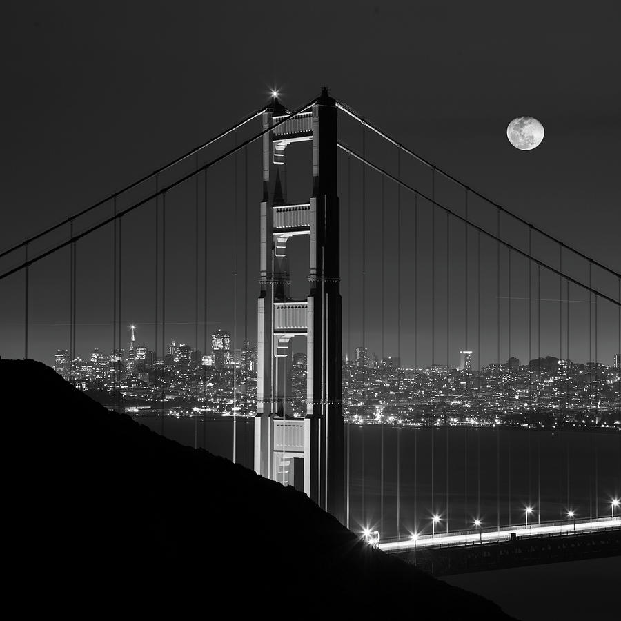 Black And White Photograph - Golden Gate And Moon Bw by Moises Levy