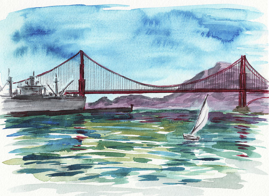 Golden Gate Bridge From Pier Thirty Nine Watercolor Painting by Irina Sztukowski