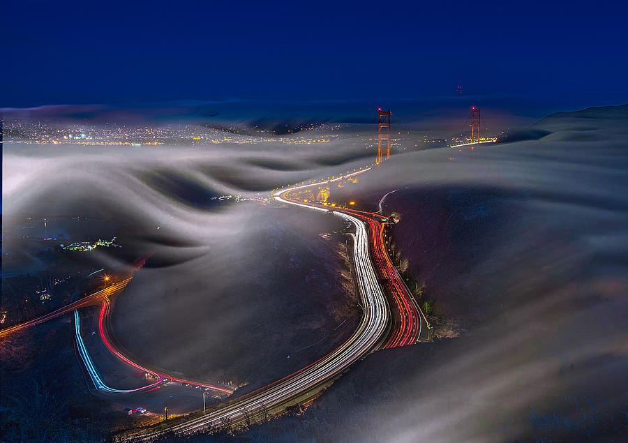 Landscape Photograph - Golden Gate Bridge In Fog by Jiahong Zeng